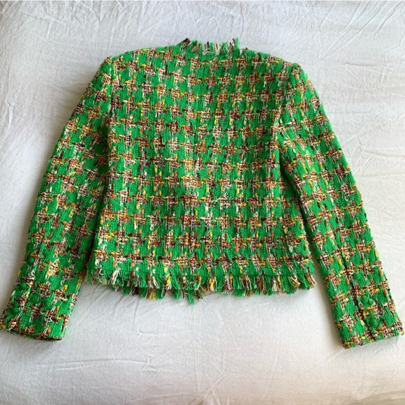 L’agence Angelina Tweed Open Front Pocket Blazer Suit Jacket Green Houndstooth - Picture 5 of 8